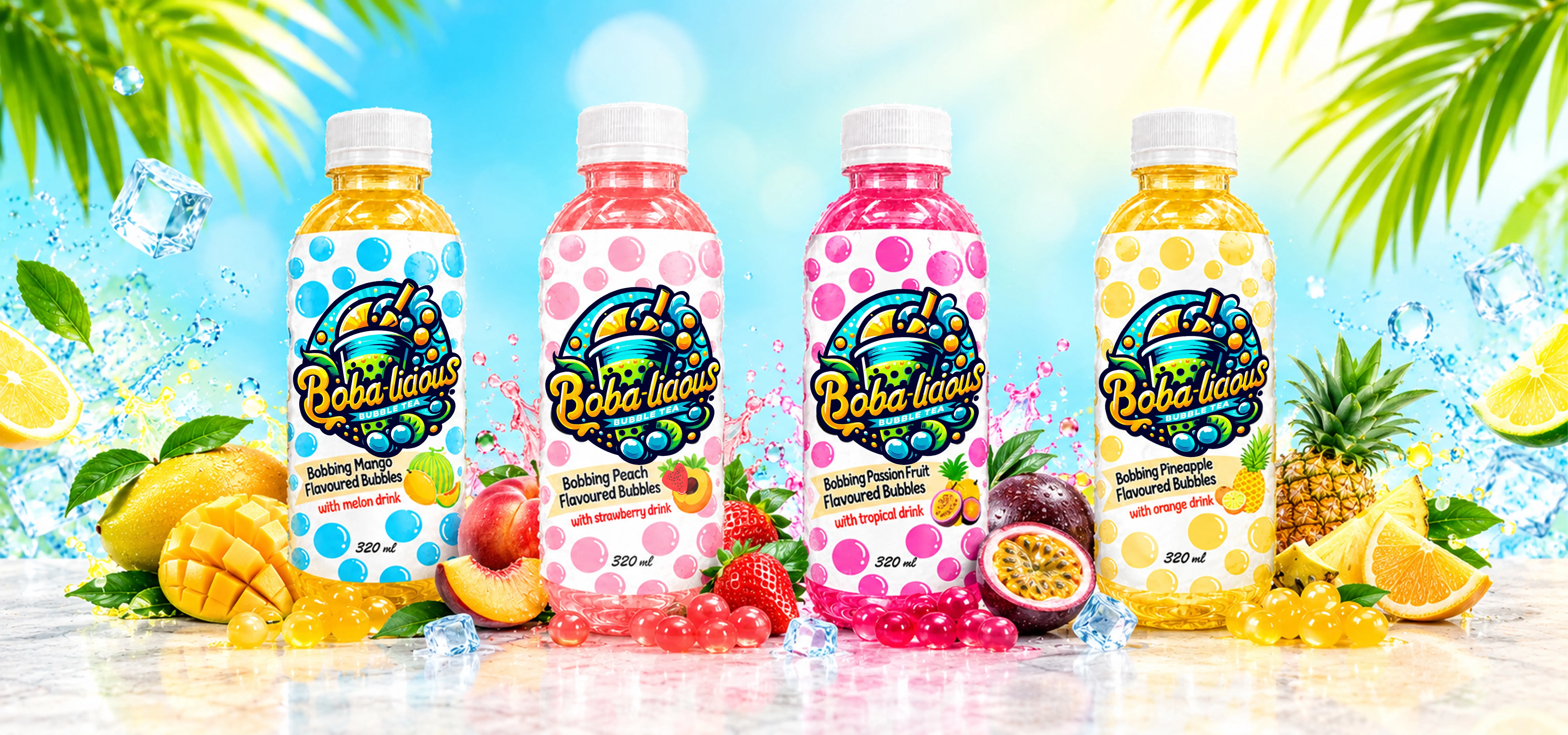 Tall Bobalicious Bubble Tea bottles in six vibrant fruit flavours styled with fresh fruit ingredients